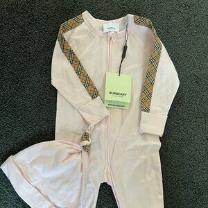 Burberry Pink Baby Footie Set with Hat - Check Trim New with Tags